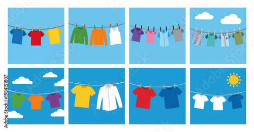 Clothesline - Shirts hanging with wooden pins against a blue sky  Flat Vector Illustration on Transparent Background