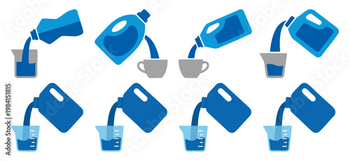 Detergent Bottle - Plastic jug pouring blue liquid into a measuring cup  Flat Vector Illustration on Transparent Background