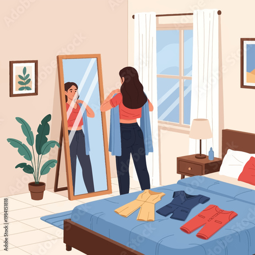Flat vector illustration of a young woman in a bedroom looking into a full-length mirror while choosing clothes laid out on a bed with blue bedding and a window in the background.