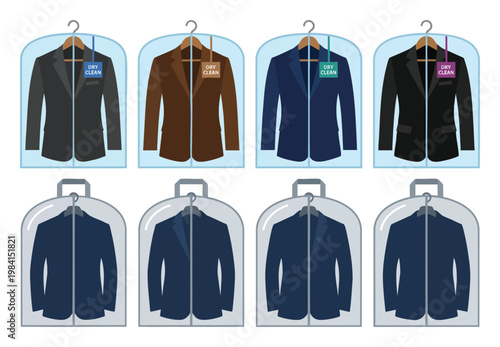Dry Cleaning - Suit jacket hanging inside a clear plastic garment bag  Flat Vector Illustration on Transparent Background