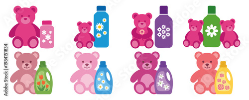 Fabric Softener - Fluffy pink teddy bear next to a floral scented bottle  Flat Vector Illustration on Transparent Background