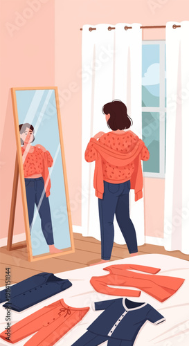 Vector illustration of a young woman getting dressed in a bedroom, putting on an orange sweater while looking in a full-length mirror, with clothes laid out on a bed in foreground.