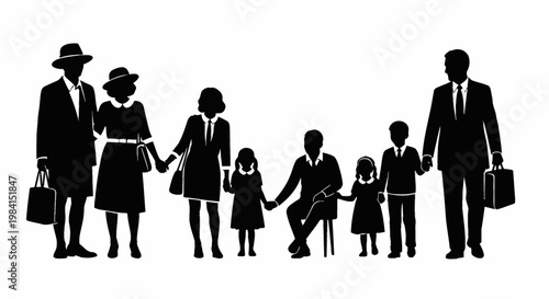 Black silhouettes of a multi-generational group of people including men in suits, women in vintage dresses with hats, and children holding hands, isolated on a white background.