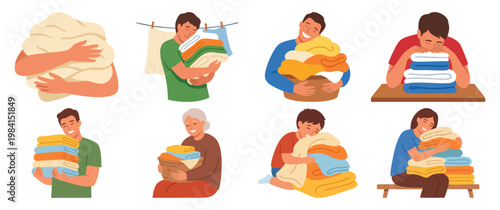 Fresh Laundry - Person hugging a warm pile of sun dried towels  Flat Vector Illustration on Transparent Background