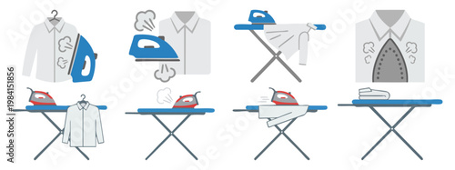  Ironing Board - Steaming iron smoothing out a crisp white shirt  Flat Vector Illustration on Transparent Background