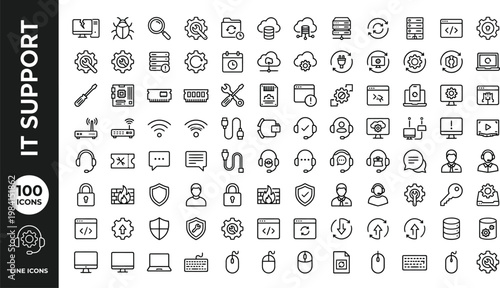 A collection of line icons depicting various IT support concepts and tools. AI, eps, png, jpg. transparent background.