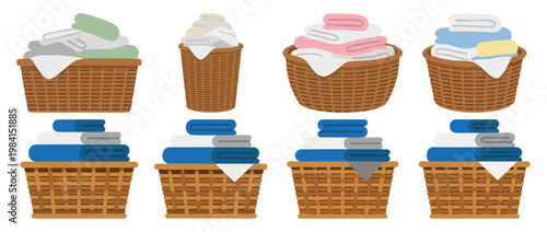  Laundry Basket - Wicker basket overflowing with clean folded towels  Flat Vector Illustration on Transparent Background