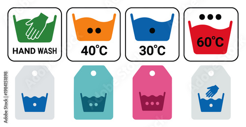  Laundry Symbols - Care label showing a tub with water temperature icons  Flat Vector Illustration on Transparent Background