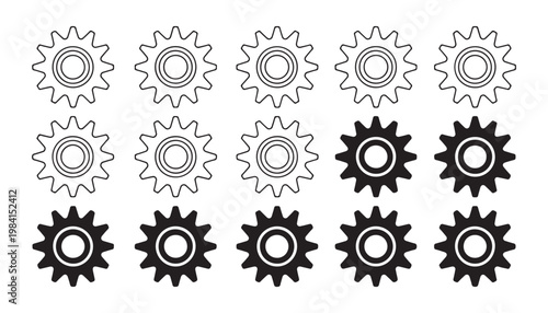Assorted gear icons with outline and solid variations for machine interface and engineering designs.