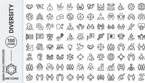 A diverse collection of line icons representing various aspects of inclusivity and unity AI, eps, png, jpg. transparent background.