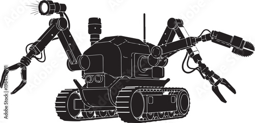 Robotic vehicle, industrial robot, mechanical machine, black illustration