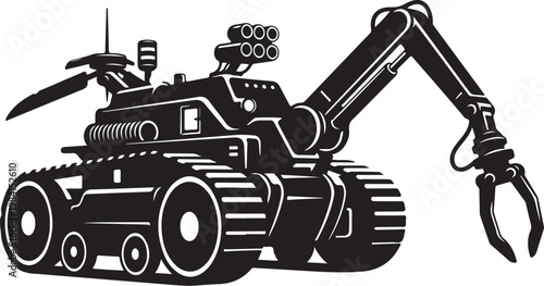 Robotic tank, mechanical excavator, black vector icon, industrial machine, futuristic vehicle