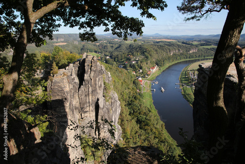 View of the Elbe Valley seen from the Bastei in Saxon Switzerland, Germany