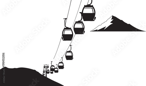 Cable cars, ski lifts, mountain transportation, black silhouette icons, vector graphics