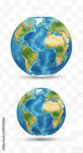 Watercolor illustration of planet earth globe showing Atlantic ocean, Americas, Africa and Europe continents isolated on transparent background, set of two globes.