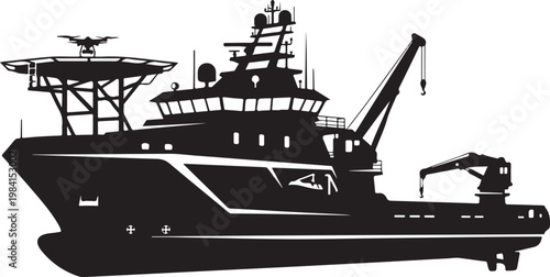 Fishing boat, industrial vessel, silhouette illustration, crane ship, maritime icon