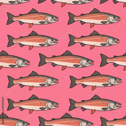 Seamless pattern featuring stylized salmon fish illustrations on a solid pink background. The design repeats fish in horizontal rows, showing realistic profiles of trout or salmon.