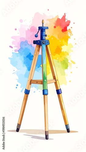 Wooden easel with paint splatter on white background