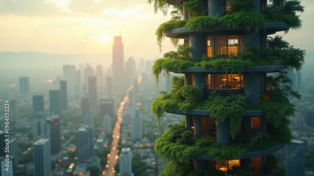 Obraz premium Futuristic vertical forest skyscraper with lush green terraces in polluted megacity at dawn, hazy urban skyline background