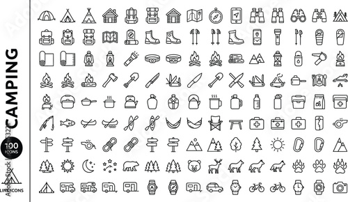 A collection of 100 line icons depicting various camping related objects and activities AI, eps, png, jpg. transparent background.