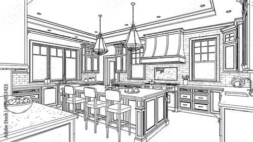 Architectural sketch of a luxurious kitchen design with island and detailed cabinetry
