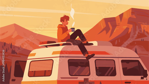 Illustration Of A Man Sitting And Drinking Coffee On The Roof Of A Campervan Vector Design Template