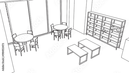 Architectural sketch of a library or study room with tables and bookshelves