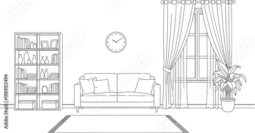 Sketch of a modern living room interior with bookshelves and a sofa