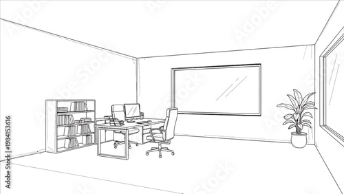 Sketch of a minimalist interior space featuring a bookshelf plants and a blank wall for projection