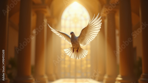 Single white dove released inside golden cathedral with light shaft catching wings, stone arch background