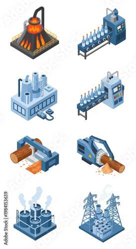 Isometric industrial manufacturing icons featuring metal smelting furnace, glass bottling production line, sawmill wood processing machinery, power plant substation, and cooling towers.