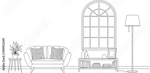Architectural sketch of a living room interior with furniture and window