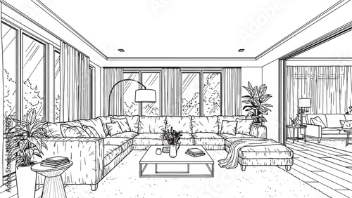 Detailed sketch of a modern living room interior with furniture plants and large windows showcasing architectural design