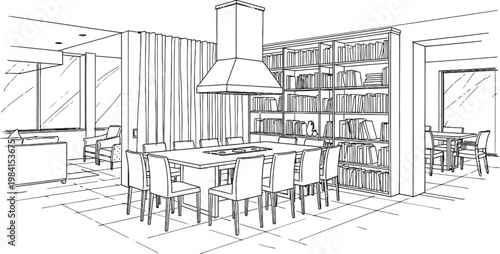 Architectural sketch of a modern kitchen and dining area interior design concept