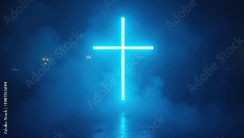 Neon cross pulsing electric blue light on dark dance floor with fog machine
