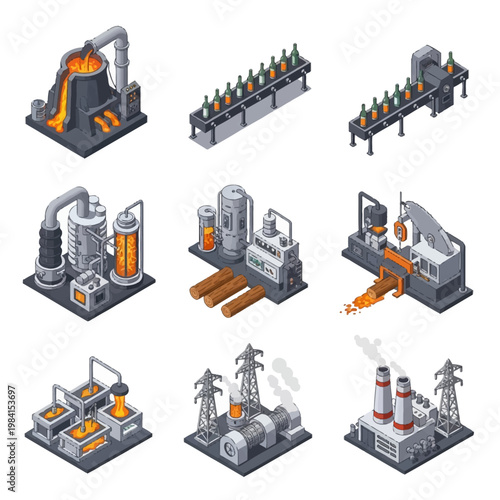 Isometric collection of industrial factory processes featuring metal smelting foundry, glass bottle assembly lines, sawmill wood processing, chemical plant machinery, and electric power stations.