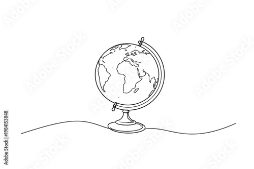 Minimal line drawing of a tabletop globe on a stand, showing world continents in simple outline on a clean white background
