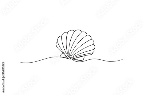 Minimal line art illustration of an open seashell resting on a gentle wave, simple black outline on white background with ocean calm