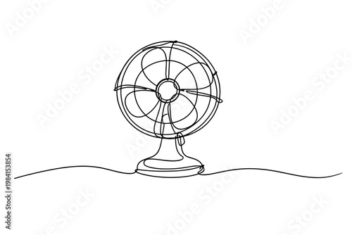 Minimal continuous line drawing of a vintage tabletop electric fan with circular protective grille and blades on a simple surface