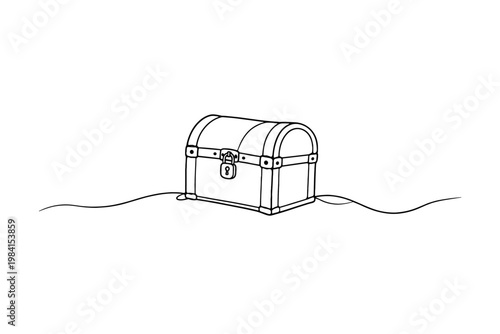 Minimalist black and white line drawing of a locked treasure chest resting on a simple surface, suggesting mystery, security, and hidden valuables