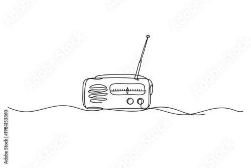 Minimalist continuous line drawing of a vintage radio with antenna and tuning dial, resting on a simple horizon line in monochrome