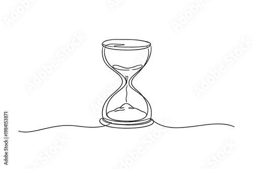 Minimal continuous line drawing of an hourglass with sand flowing, centered on a clean white background symbolizing time, patience, and countdown