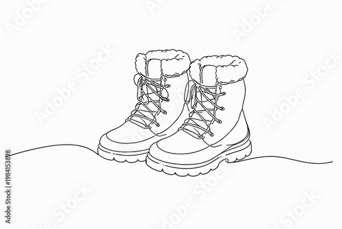 Minimalist line drawing of insulated winter boots with laces and faux fur trim, outdoor cold-weather footwear illustration on white background