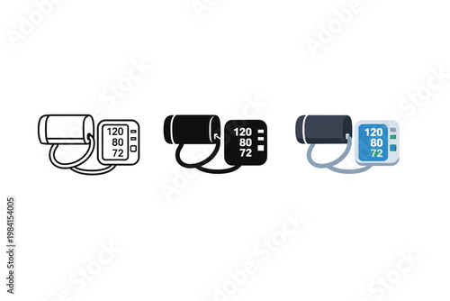 Set of three blood pressure monitor cuff icons in outline, solid, and colored styles showing digital systolic and diastolic readings on a white background