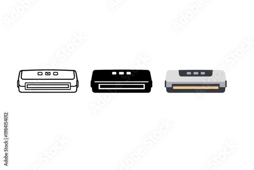 Minimal vector set of three document printers in outline, solid, and shaded styles, depicting office printing equipment icons on a white background