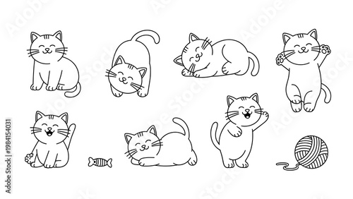 Cute Kitten Friends Line Art Vector Set Playful Cartoon Cats Collection
