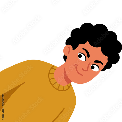 A cheerful man smiles while looking back over his shoulder in an illustration.