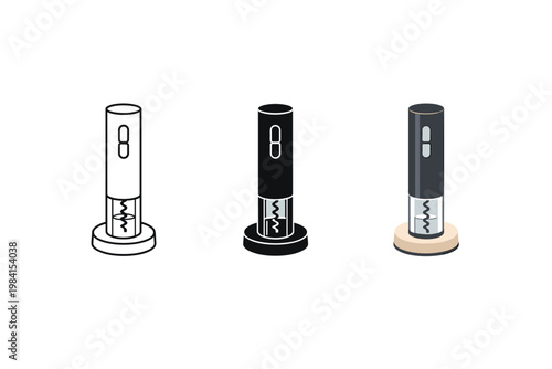 Minimal vector set of three corkscrew wine openers in different color styles, isolated on white background with clean outlines and simple shapes
