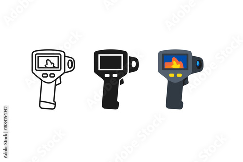 Set of three thermal imaging camera icons showing outline, solid silhouette, and colored heat display for infrared temperature scanning illustration