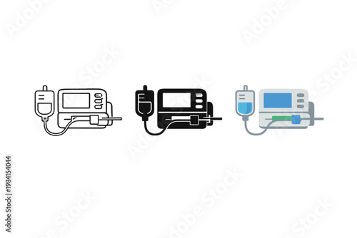 Three minimalist infusion pump icons showing IV bag, tubing, and digital display in outlined, solid, and colored styles on a clean white background
